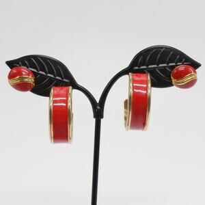 Vintage Gold Tone & Red Enamel Hoops/studs pierced earrings mod retro valentine